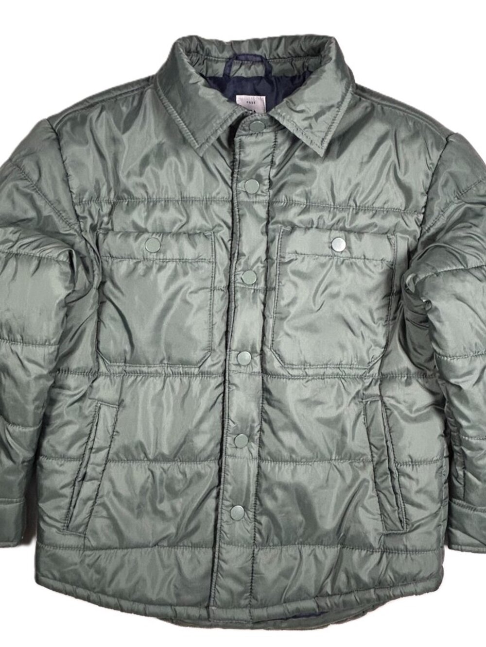 Free Assembly Puffer Jacket Boy's M 8 Green Blue Lining Snap Front Chest Pockets